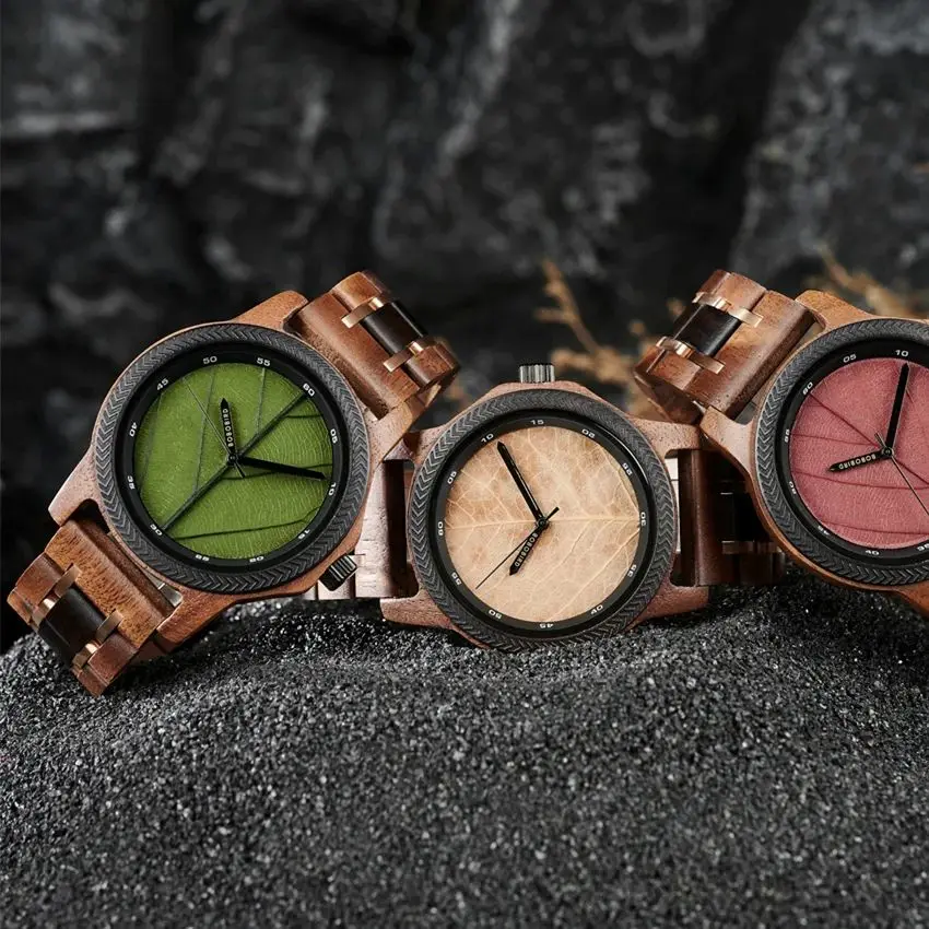Męskie zegarki BOBO BIRD unikatowy drewniany zegarek kwarcowy z projekt tarczy zegarka liściastym dla mężczyzn, wspierający Customiezd Dropshipping