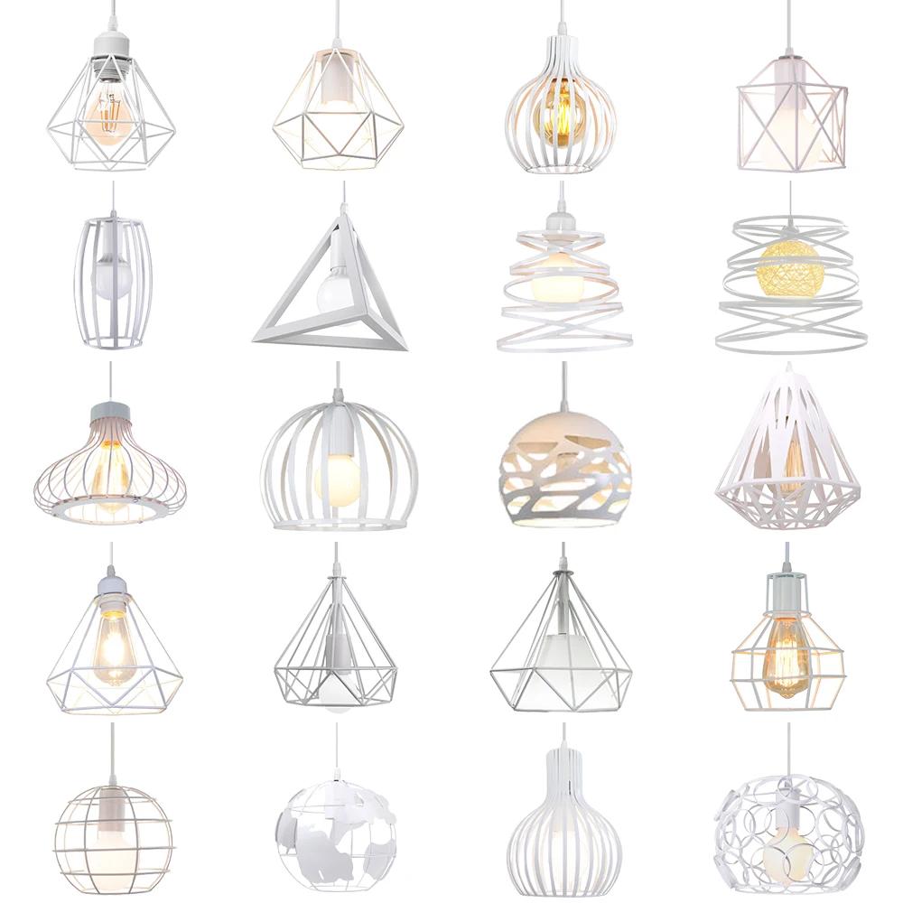 

Modern Pendant Light Industrial Vintage White Wrought Cage Pendant Lamp for Living Room Bedroom Dining Room Loft Home Decor E27