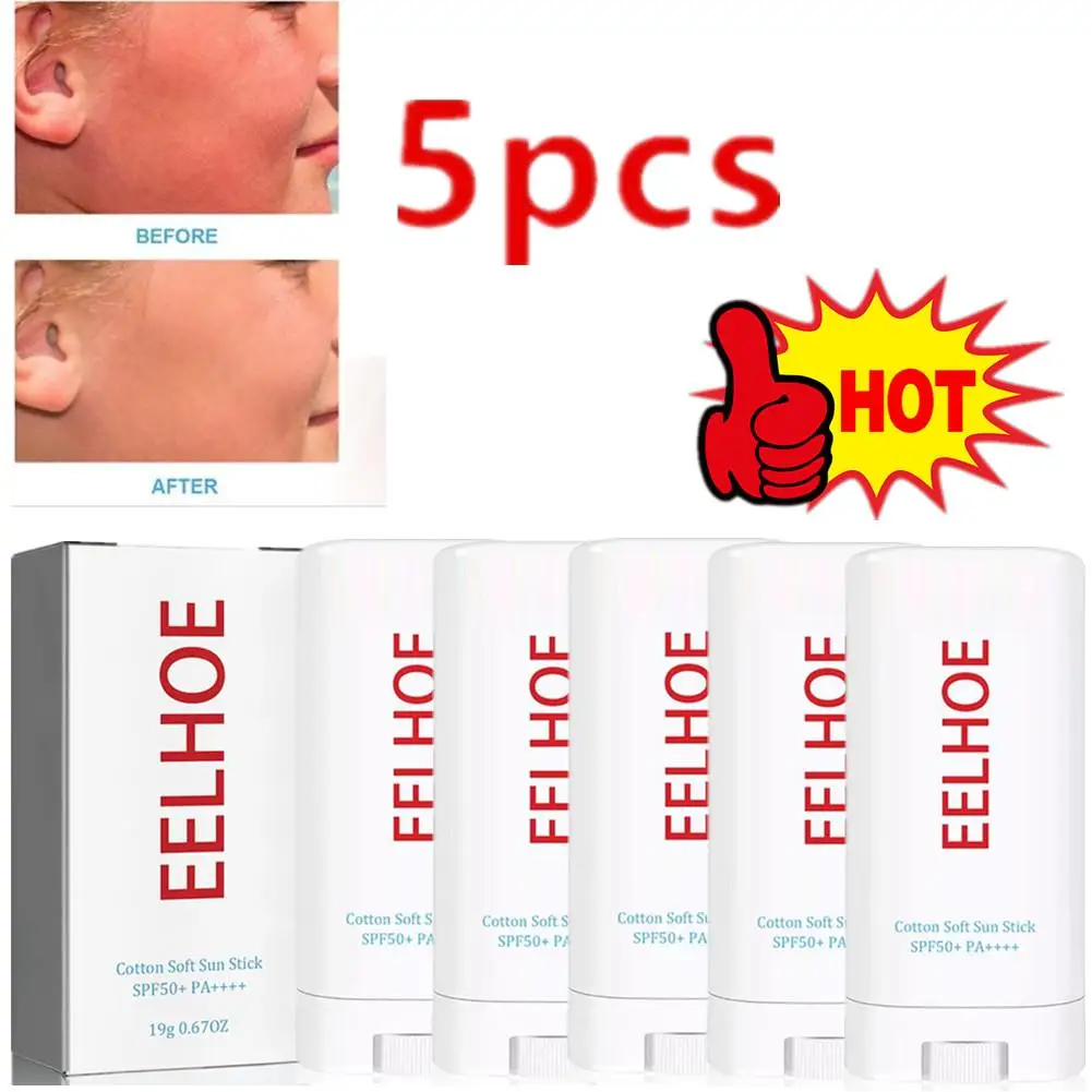 코튼 소프트 선 스틱, 자외선 차단, 피부 보호 크림, 한국 케어, SPF 50 + PA +++, 19g, 5 개