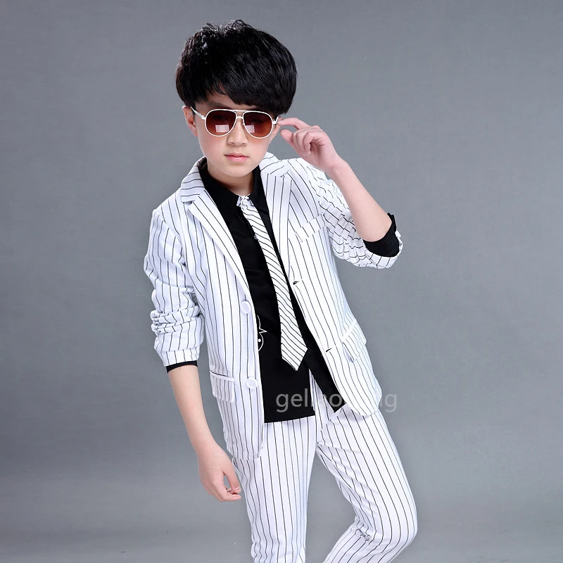 

Top Quality Boys Wedding White/Black Striped Suits Teenager Kids Formal Tuxedo Dress Children Blazer Party Performance Costume