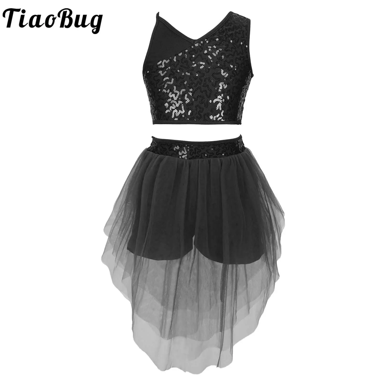 

Детские стильные танцевальные костюмы для девочек, укороченные топы на бретельках-спагетти без рукавов с V-образным вырезом и блестками, сетчатые балетные юбки с эластичным поясом