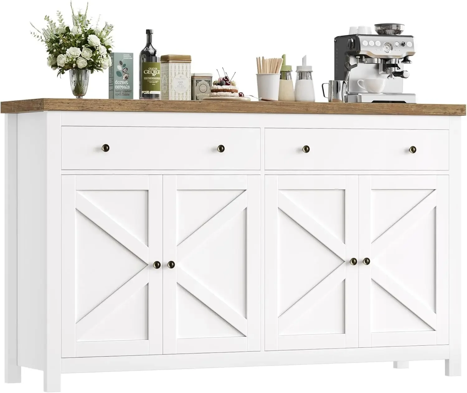Buffet Cabinet Kitchen Cabinet Shelves and Doors, Farmhouse Coffee Bar Cabinet Wood Buffet Table Sideboard for Kitchen, White
