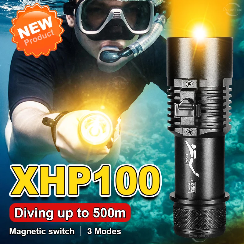 6000 Lumens Super Powerful Diving Flashlight XHP100 Yellow Light Underwater Lamps Scuba LED Flashlight Professional Diving Torch