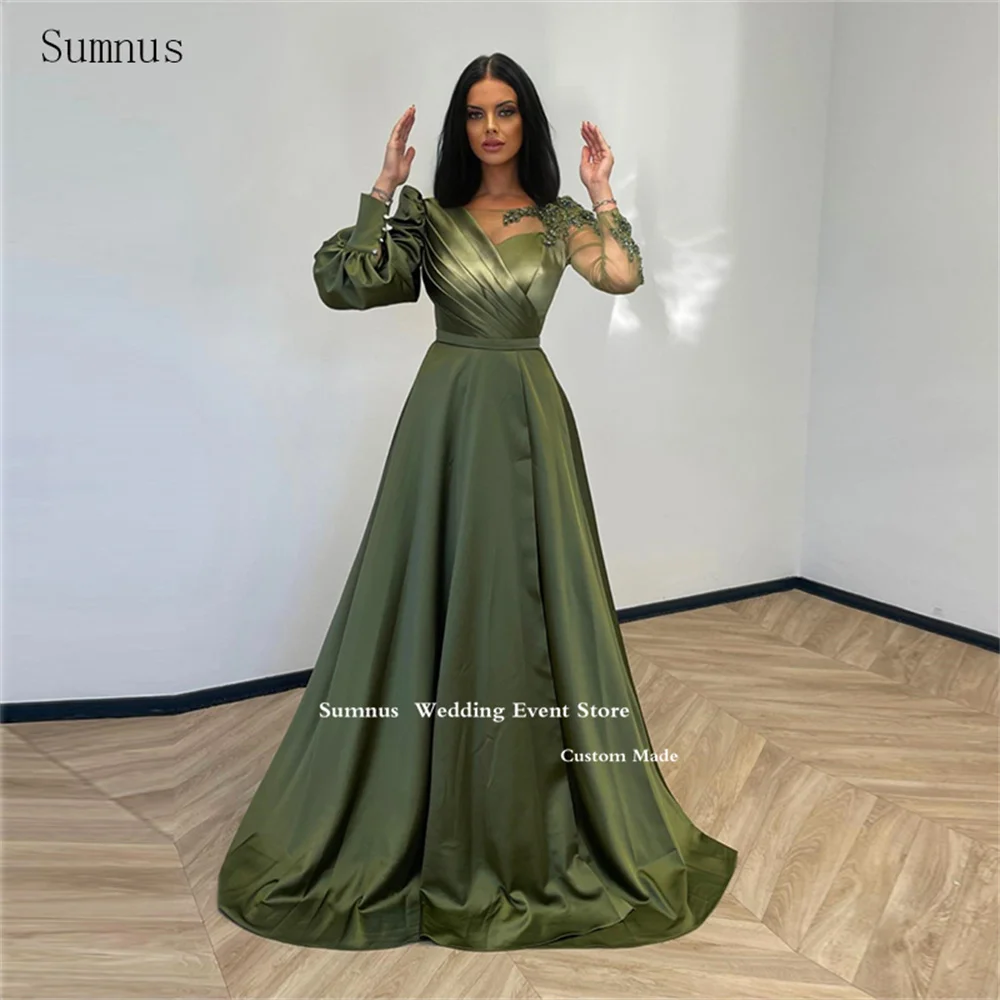 

Sumnus Green Long A Line Elegant Evening Dresses Full Sleeves Satin Appliques Lace Illusion Party Dresses Vestidos De Fiesta