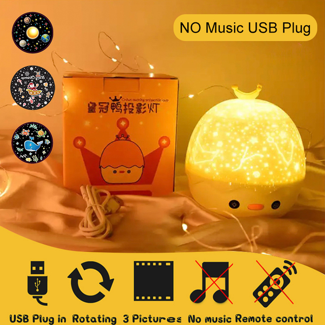 Duck Rotating Starry Sky Projector Lamp Children Night Light Baby Gift Rechargeable Music Bluetooth Speaker Bedroom Decor