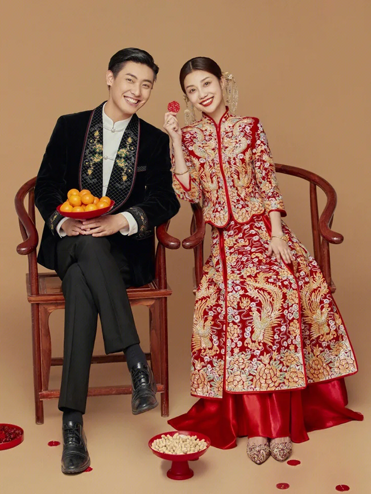 Women Dragon Phoenix Embroidery Chinese Velour Wedding Dress Elegant Mandarin Collar Marriage Cheongsam Toast Clothing