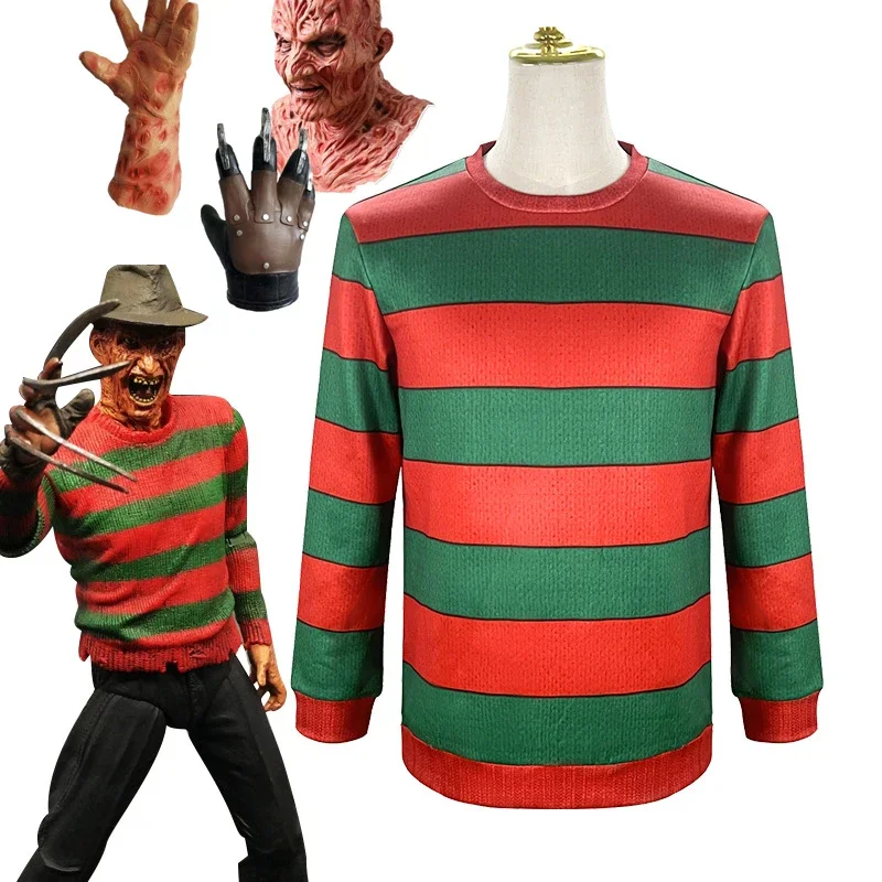 Freddy Krueger Costume Cosplay Adulto Rosso Verde A Righe Top Suit Freddy Krueger Halloween Party Stage Performance Clothes