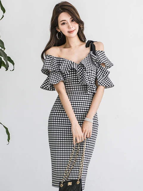 New Summer Elegant Office Women Evening Dress Temperament Vintage Ruffle Sexy Diagonal Collar Slim Midi Party Club Mujer Vestido Excellent product recommendation