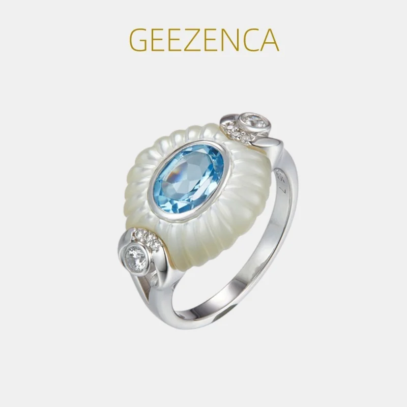 

GEEZENCA Natural Topaz S925 Silver White Mother of Pearl Zircon Ring For Women Blue Stone Oval Luxury Chic Rings 2024 New Gift