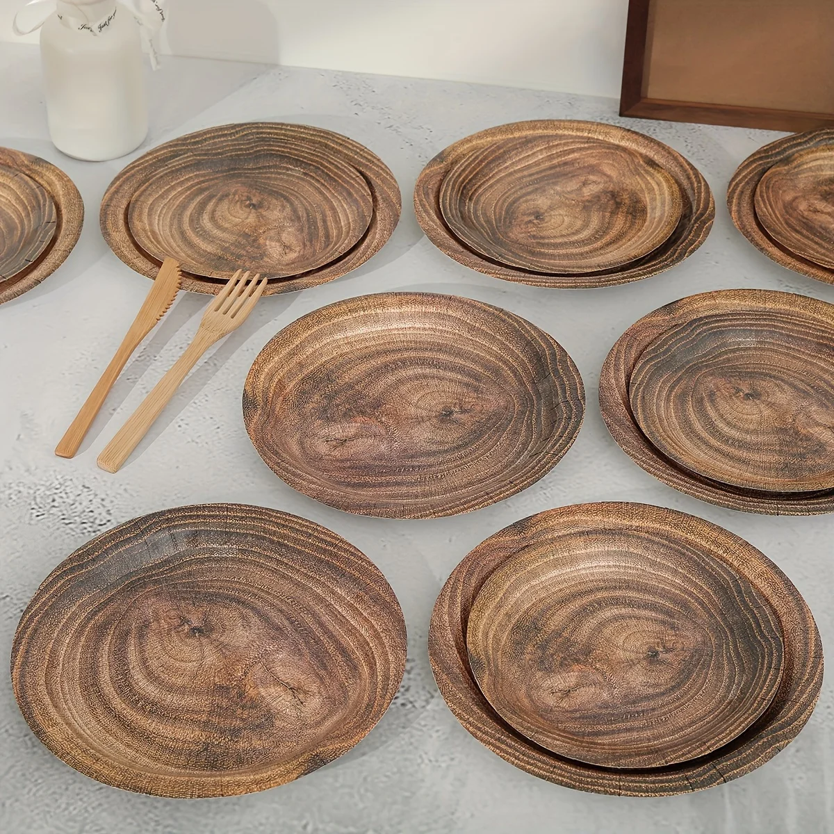 10pcs/Set Retro Imitation Wood Grain Disposable Dining Plate, Wood Grain Decorative Paper Plate Set