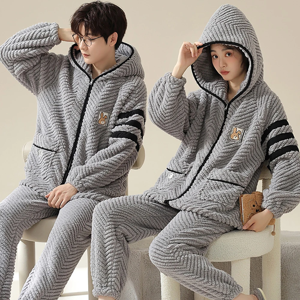 Men's Winter Hooded Pajamas Flannel Thicken Warm Couple Sleepwear for Sleeping Cartoon Zipper Casual Pajamas Set pijama hombre