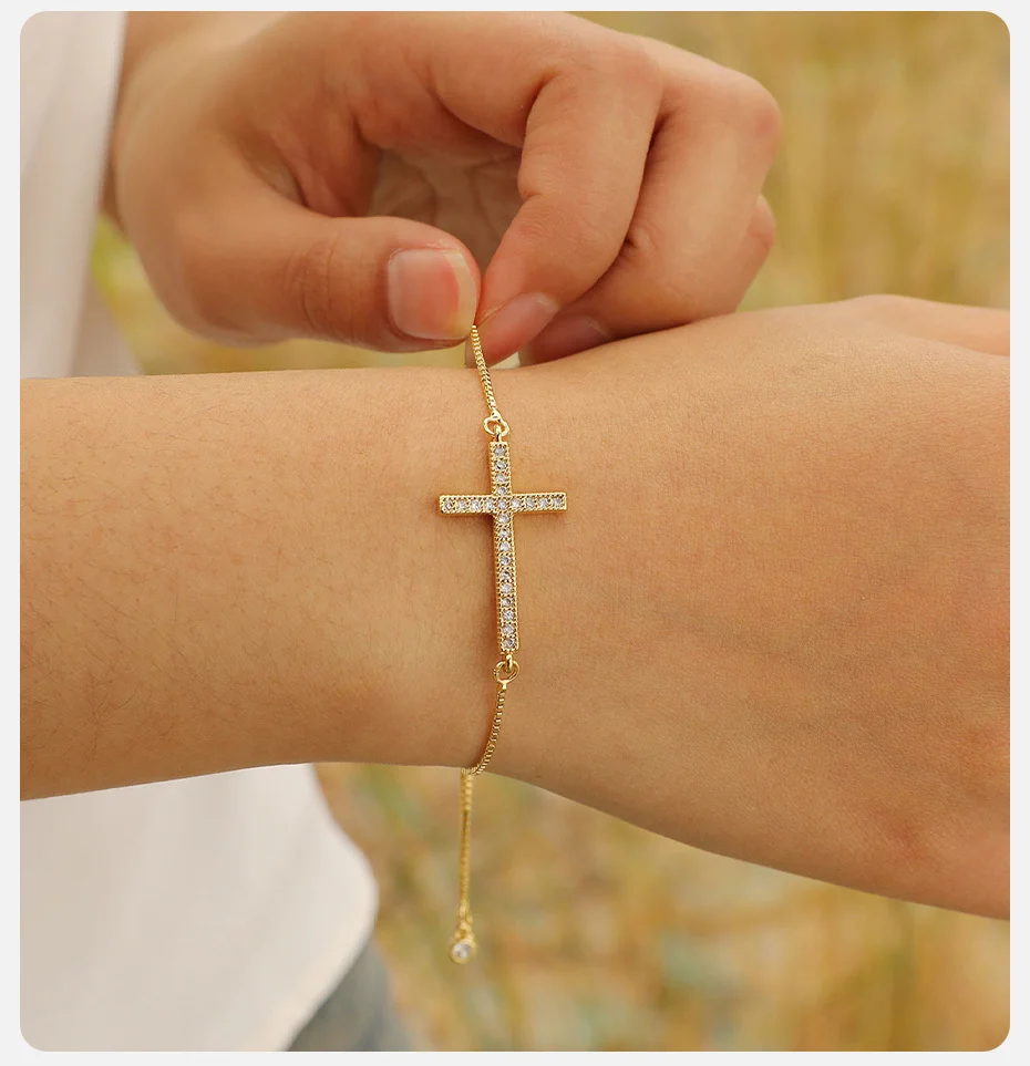 Vnox Kreuzarmbänder mit vollem CZ-Steinen für Damen und Teenager, goldfarbene, schmale Box-Gliederkettenarmbänder, Armband, Religion Faith-Accessoire – Detail 3