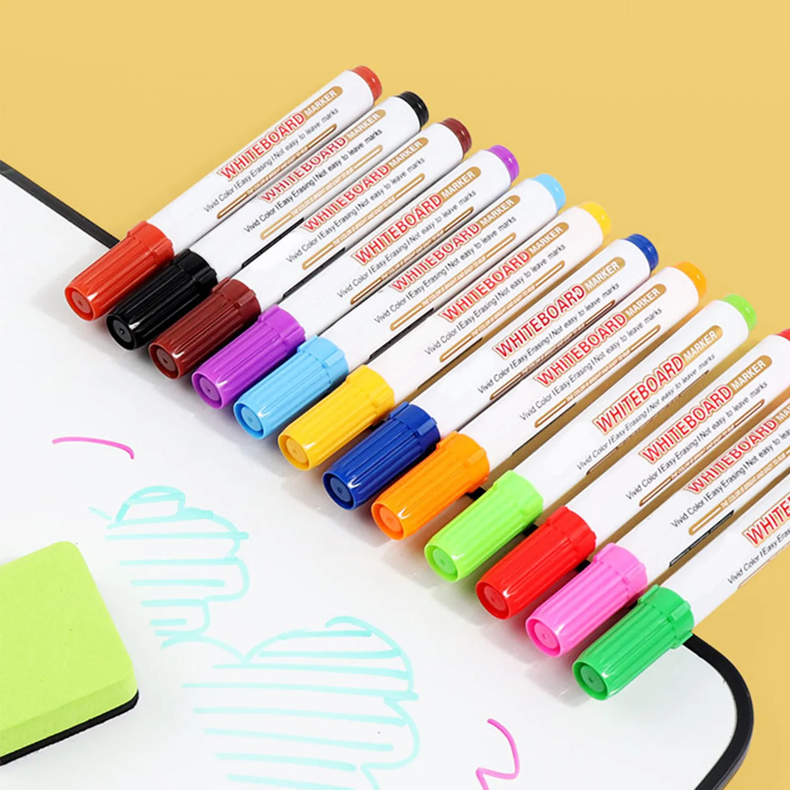 12Pcs 화이트보드 지우개 펜 교실 프리젠테이션을 위한 멀티 컬러 세척 가능 잉크 브레인스토밍 세션 휴대용 드라이 지우개