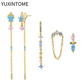 925 Sterling Silver Needle Blue Pink Crystal Stud Earrings For Women Fashion geometry Pendant Earrings Luxury Jewelry Gifts