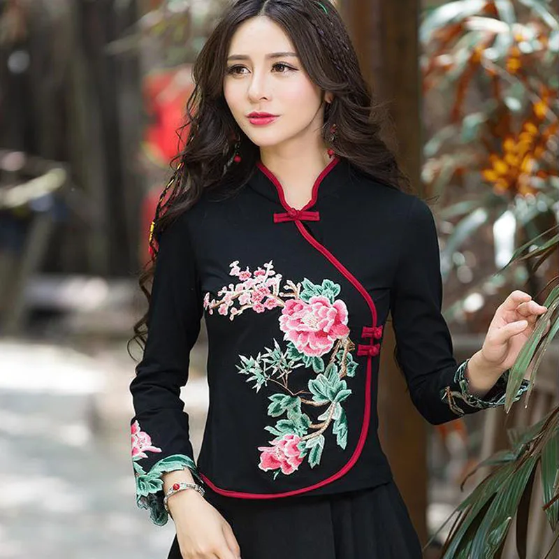 Cheongsam Womens Plus Size Short Tops Autumn Cotton Blend Splicing Embroidery Stand Collar Chinese Style Qipao Shirts Woman
