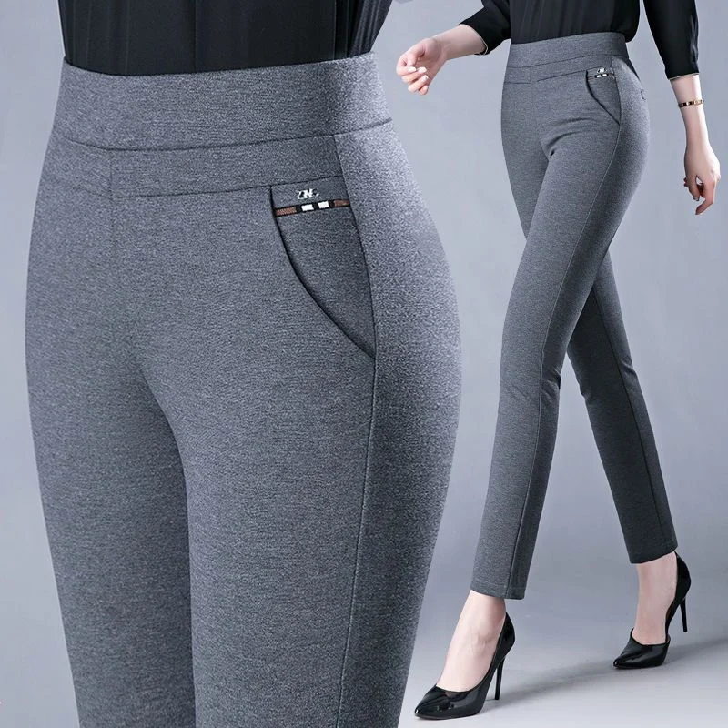 Spring Autumn Elegant High Waist Casual Stretch Slim Middle Aged Women Trousers Ladies Fashion All Match Black Gray Pencil Pants