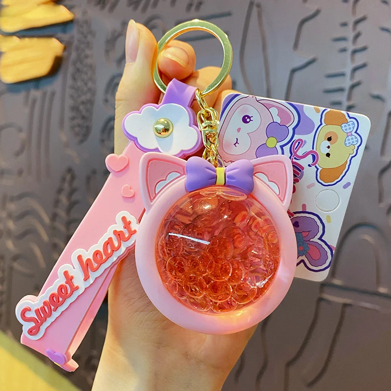 Cartoon Floating Pink Fox Quicksand Bottle Bubble Key Chain Female