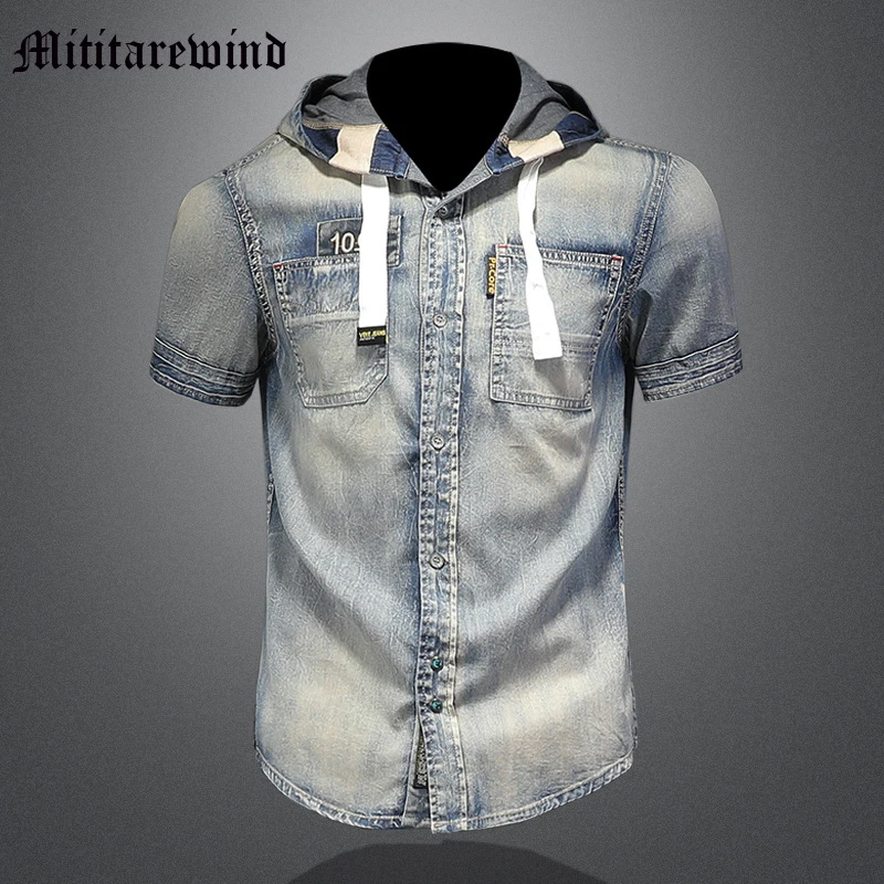 

Summer Fashion Men's Hoodies Denim Casual Vintage Y2k Letter Print Jackets Retro Slimming Hip Hop Streetwear European Style