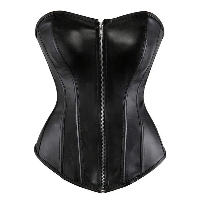 Sapubonva Leather Corset Lace up Zipper Shiny Corsets Bustier Overbust Burlesque Costumes Body Shaper Sexy Women Plus Size Black