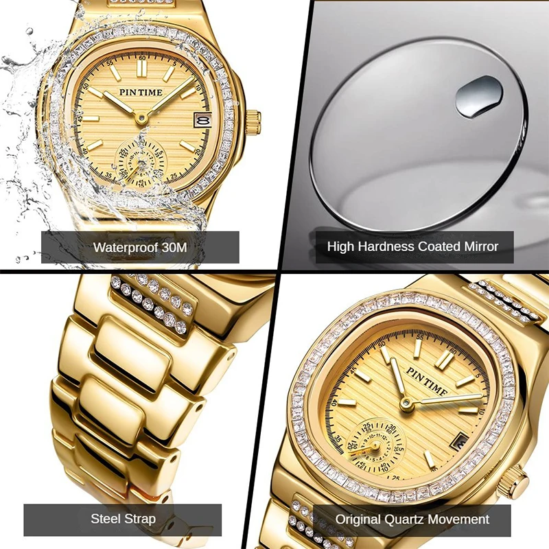 PINTIME Watch for Women Luxury Stainless Steel Strap Quartz Wristwatch Waterproof 3Bar Calendar Girls Watch Casuals Reloj Mujer