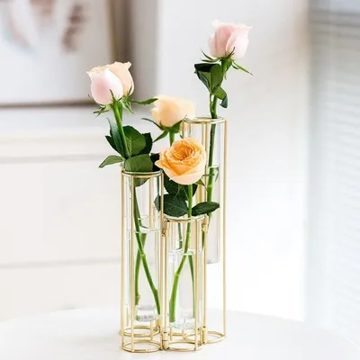 

SWS036 Home wedding cheap glass flower vase with gold metal stand for table decoration
