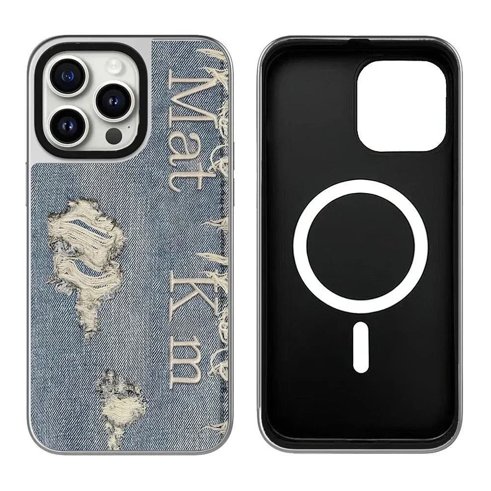 

Silver Border Denim iPhone 12 13 14 15 Pro Max Mirror Surface MagSafe Case Cover Shell