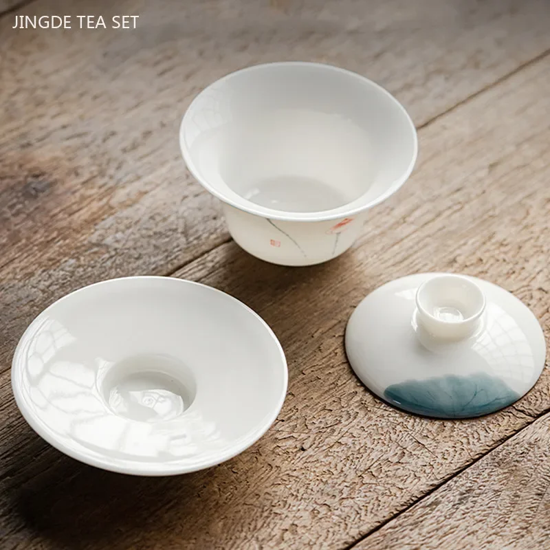 120/140ml Hand-painted Goat Fat Jade White Porcelain Gaiwan Household Ceramic Tea Infuser Traditional with Cover Teacup