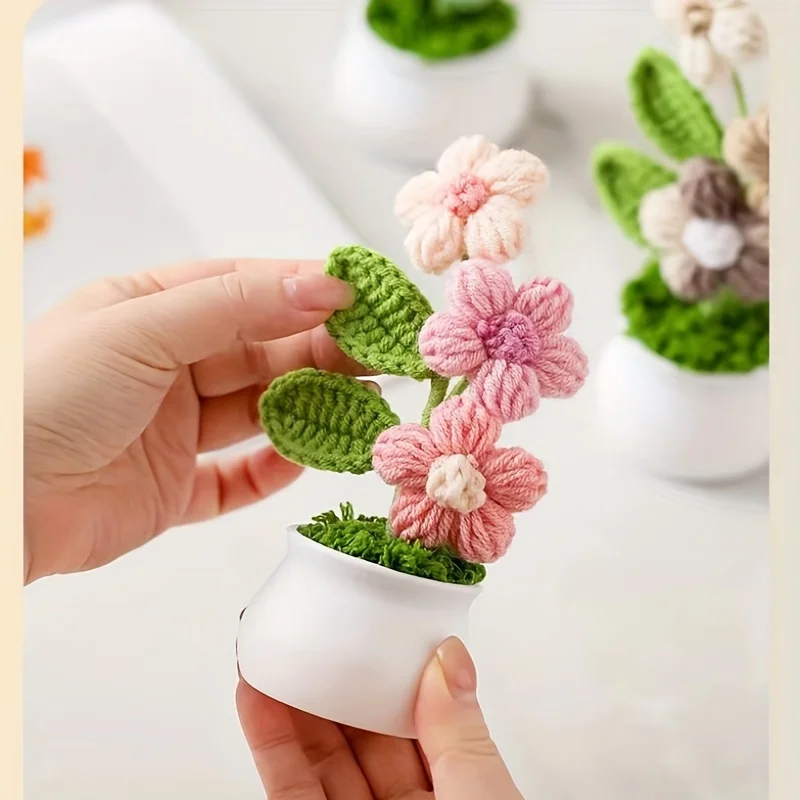 DIY Handwoven Mini Potted Flower Rose Office Desktop Ornamental Potted Plants Woolen Thread Finished Product Home Decoration