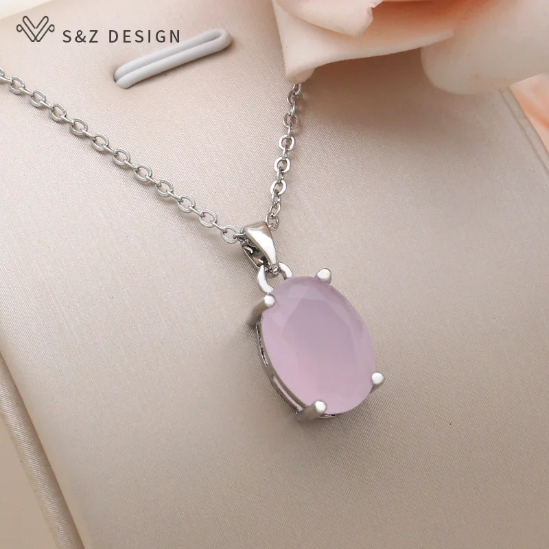 S&Z DESIGN New Fashion Oval Egg Shape Crystal 585 Rose Gold Color Pendant Necklace For Women Wedding Romantic Jewelry Gift