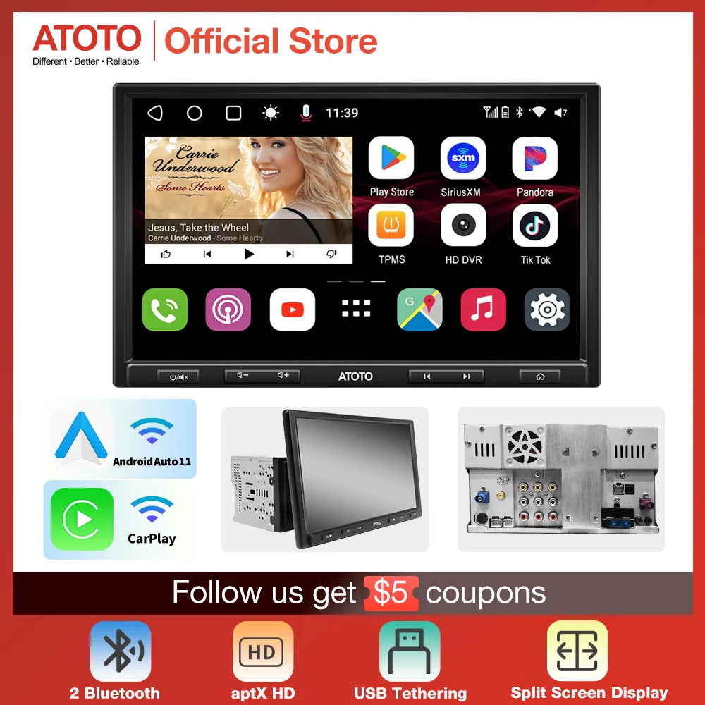 10 inch/QLED] ATOTO S8 Pro S8G2104PR-N Double-DIN Android Car Stereo  Receiver,Wireless CarPlay & Android Auto,Dual BT w/aptX HD,Split Screen  Display,USB Tethering, VSV&LRV, Built-in 4G Cellular Modem