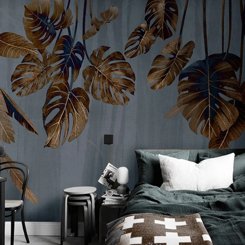 Custom Wall Mural Papel De Parede Hand Painted Abstract Plant Leaves Retro Modern Bedroom Bedside Background Photo Wall Painting