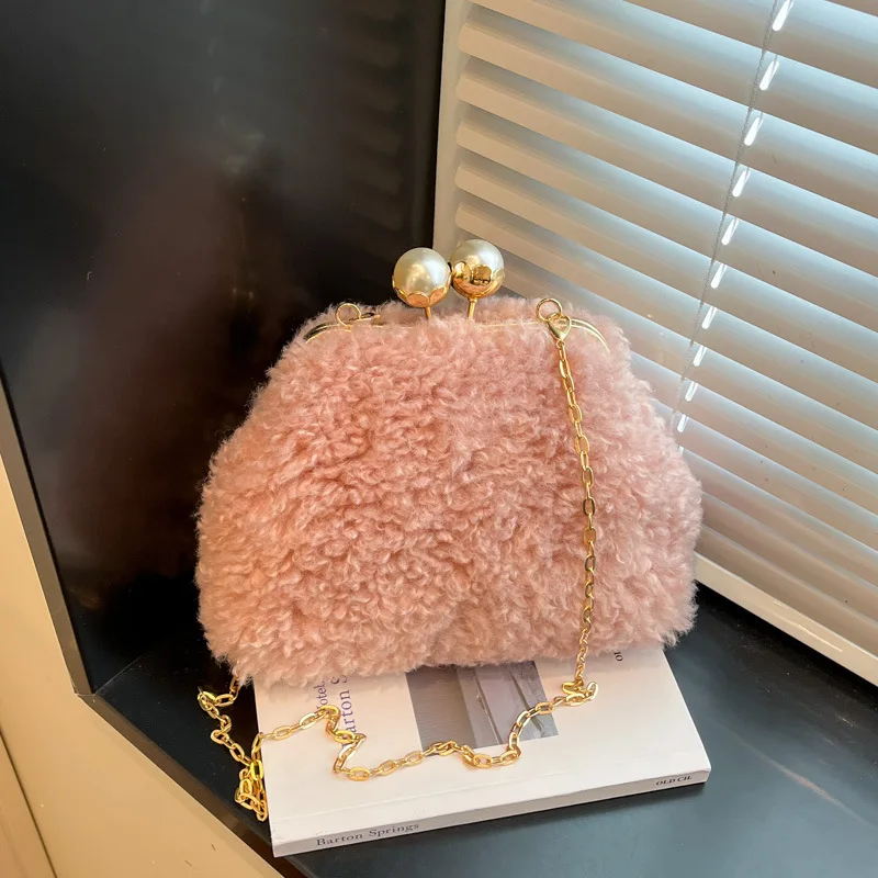 Plush Frame Bags For Women 2025 Winter New Pearl Furry Crossbody Shoulder Bags Solid Fur Luxury Handbag Soft Fluffy Bags Korean