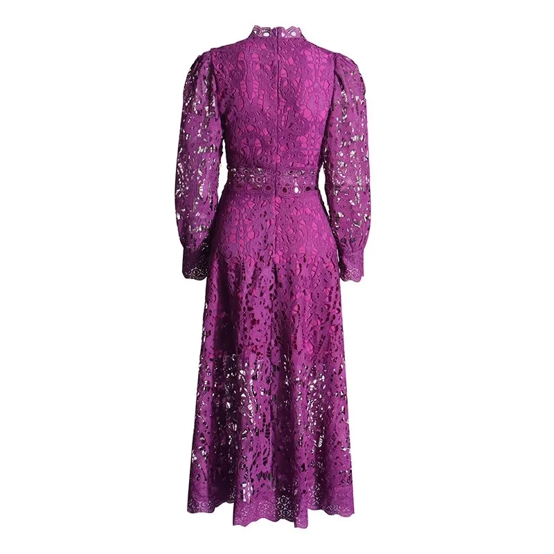 French Elegant Holiday Flower Embroidery Lace Midi Dress Women Lantern Long  Sleeve Stand Hollow Out Crochet Party Vestidos - AliExpress 200000345