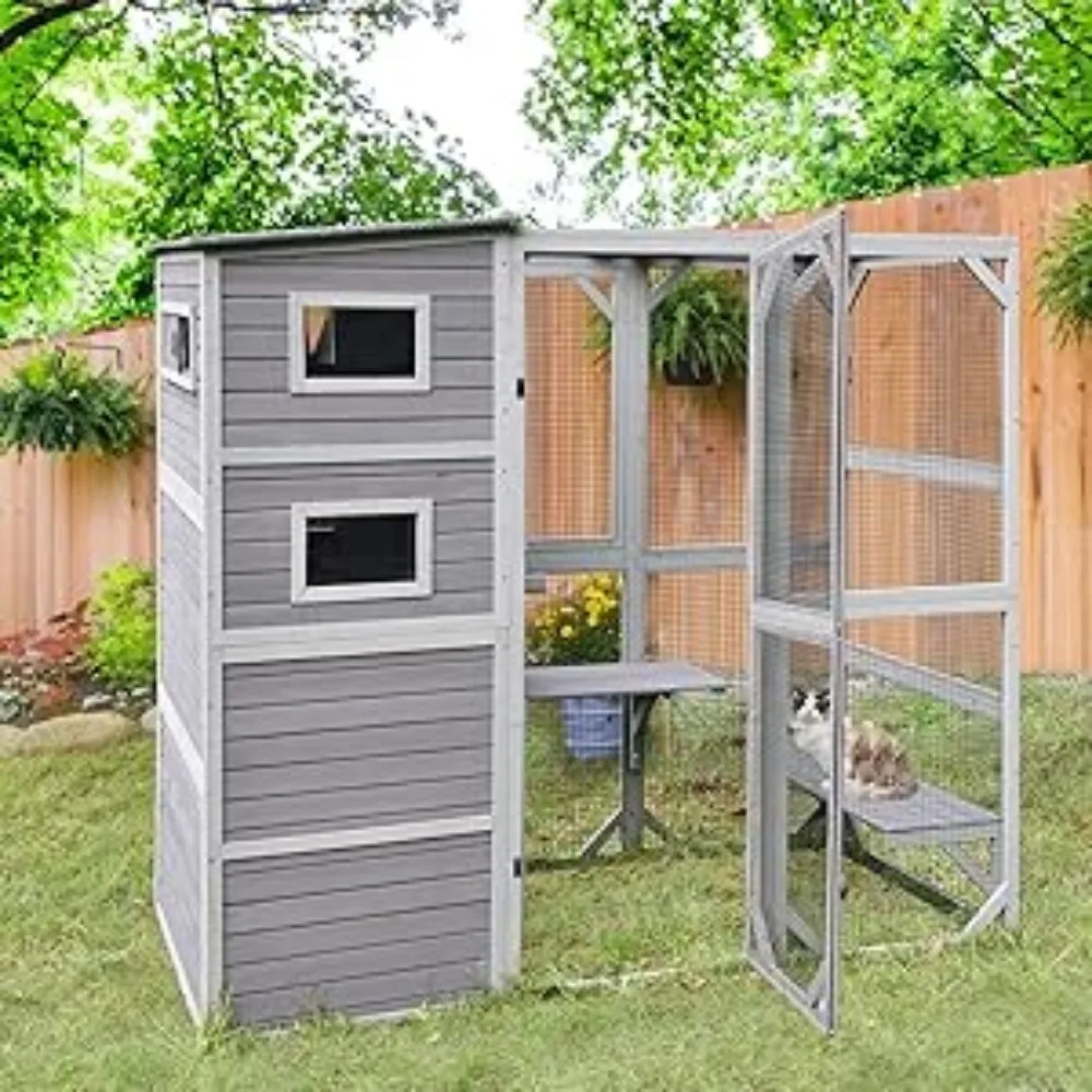Cat House, Cat Enclosure Outdoor Wooden House Large Catio Vertial Kitten Kennel Cats Cage 4 Tiers 77" L X 36" W X 69" H