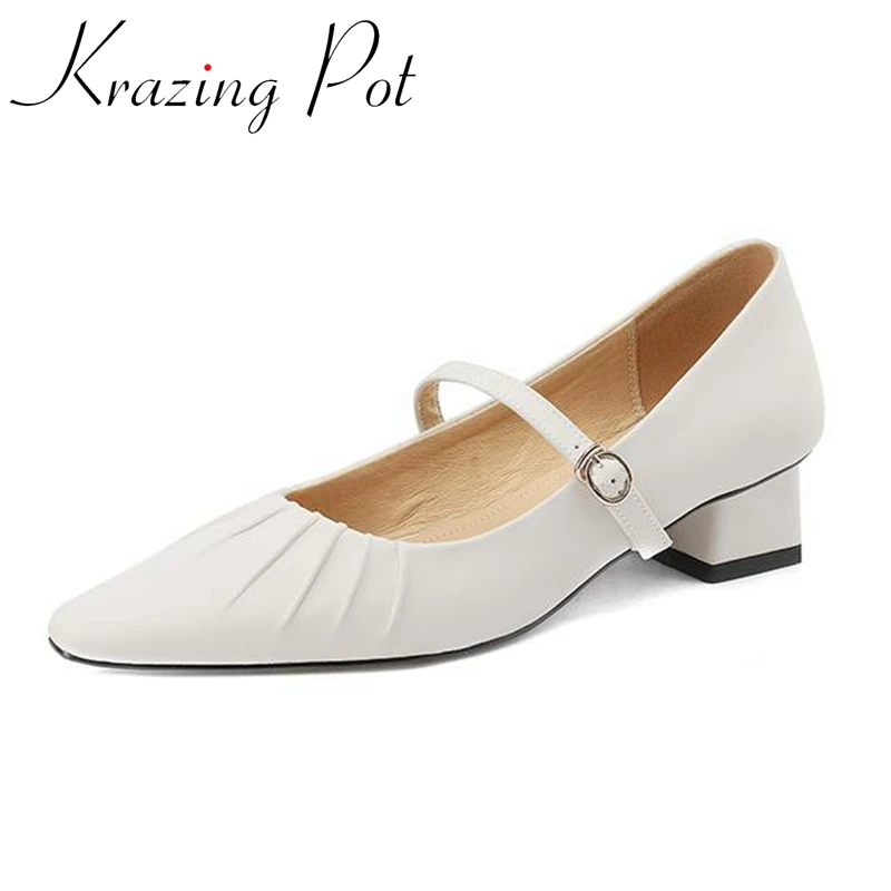 

Krazing Pot New Cow Leather Pointed Toe Med Heels Modern Shoes Pleated Grace All-match Party Buckle Strap Kpop Style Women Pumps