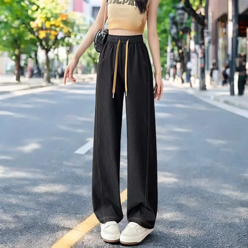 2025 Summer Wide Leg Jeans New 100KG Plus Size Women Casual Thin Bright Line Ice Silk Straight Trousers 9356