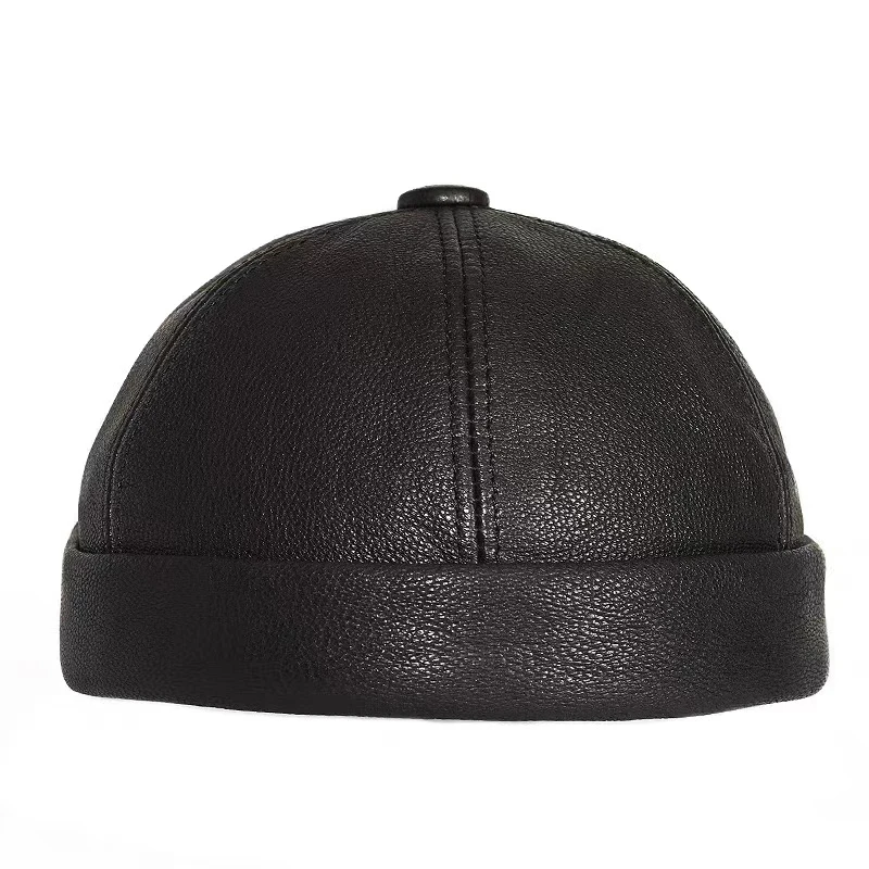 Retro Real Leather Hat Men Genuine Sheepskin Cap Male Brimless Warm Round Skullcap Winter Fashion Docker Sailor Tan Bone Bonnet 4