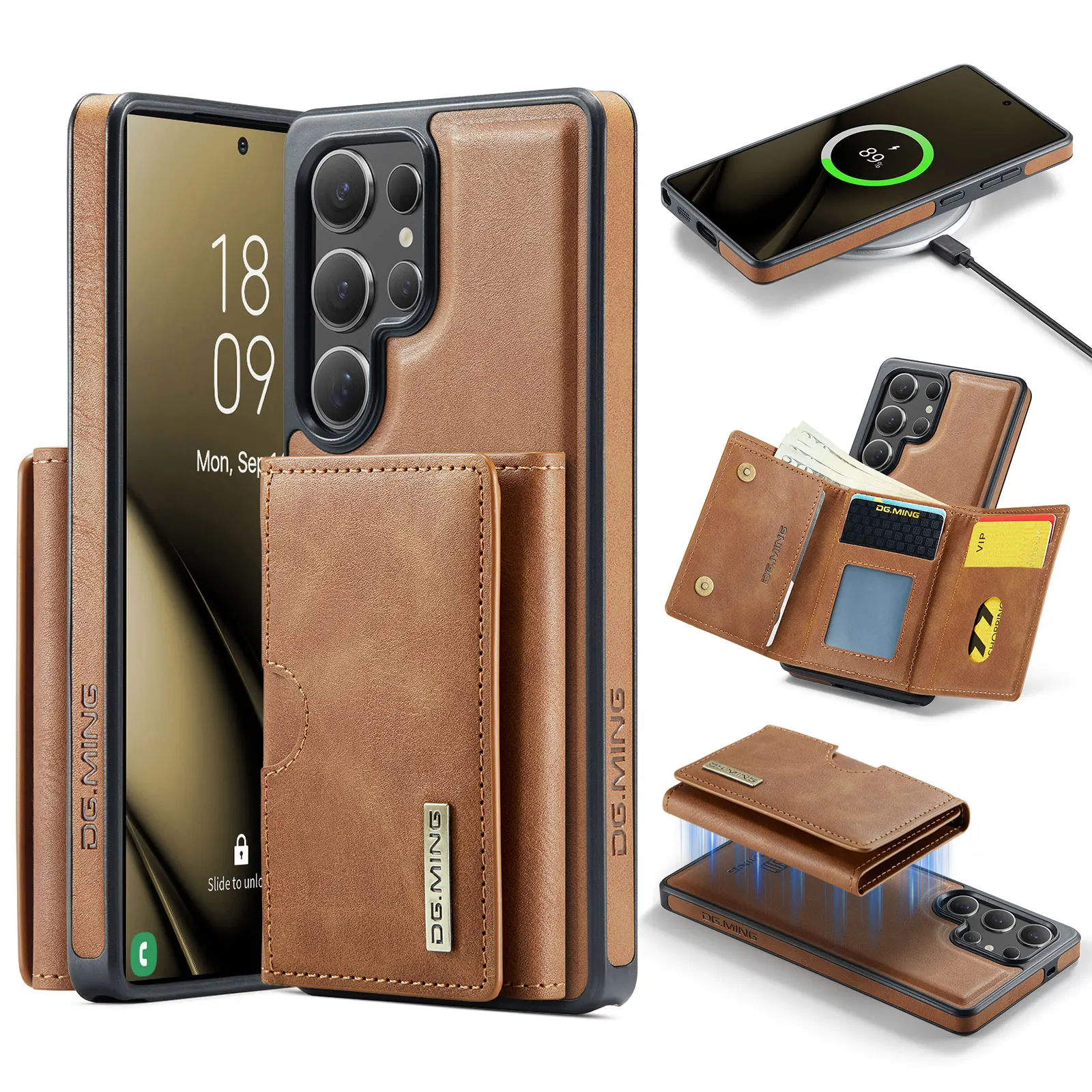 Magnetic Leather Wallet Phone Case with Detachable Flip Card Holder