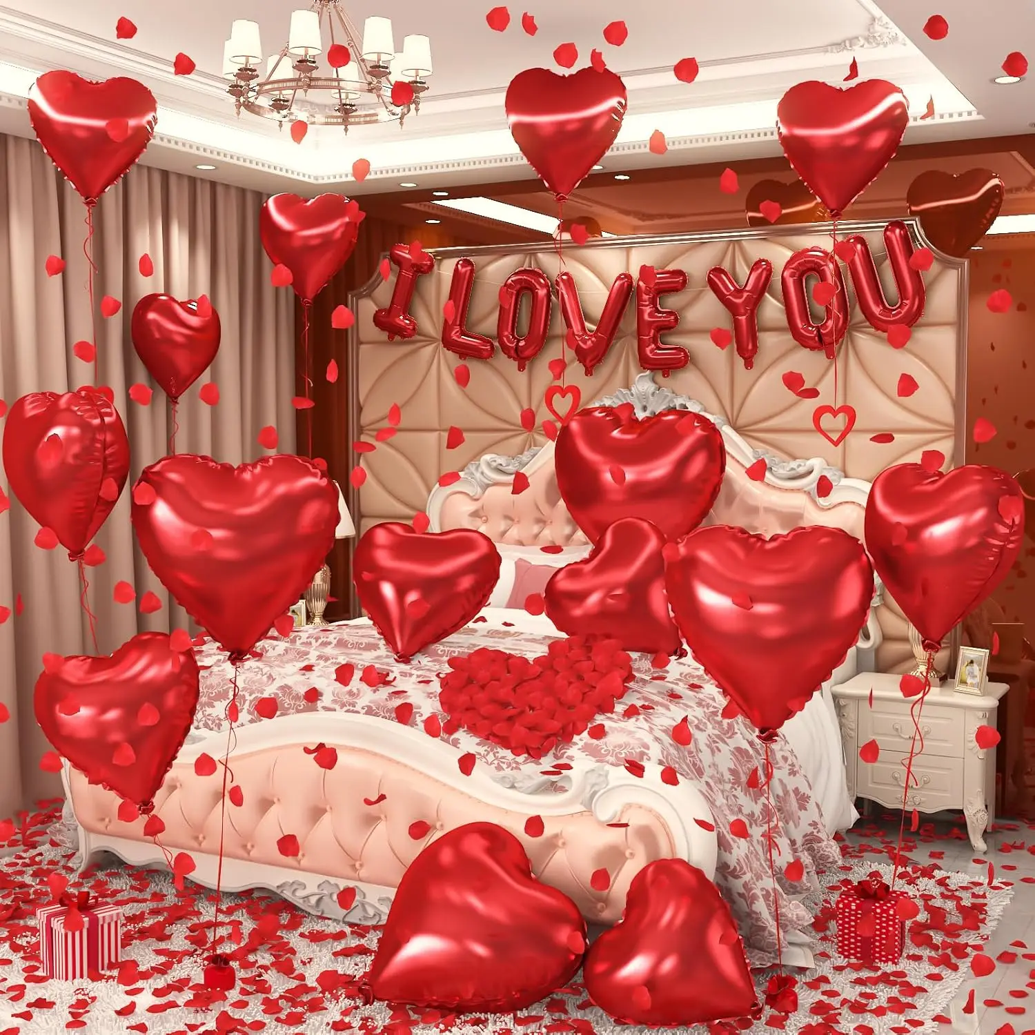 I Love You/Red Heart Love Foil Balloon 1000Pcs Rose Petals for Wedding Anniversary Valentine Day Romantic Special Night Party
