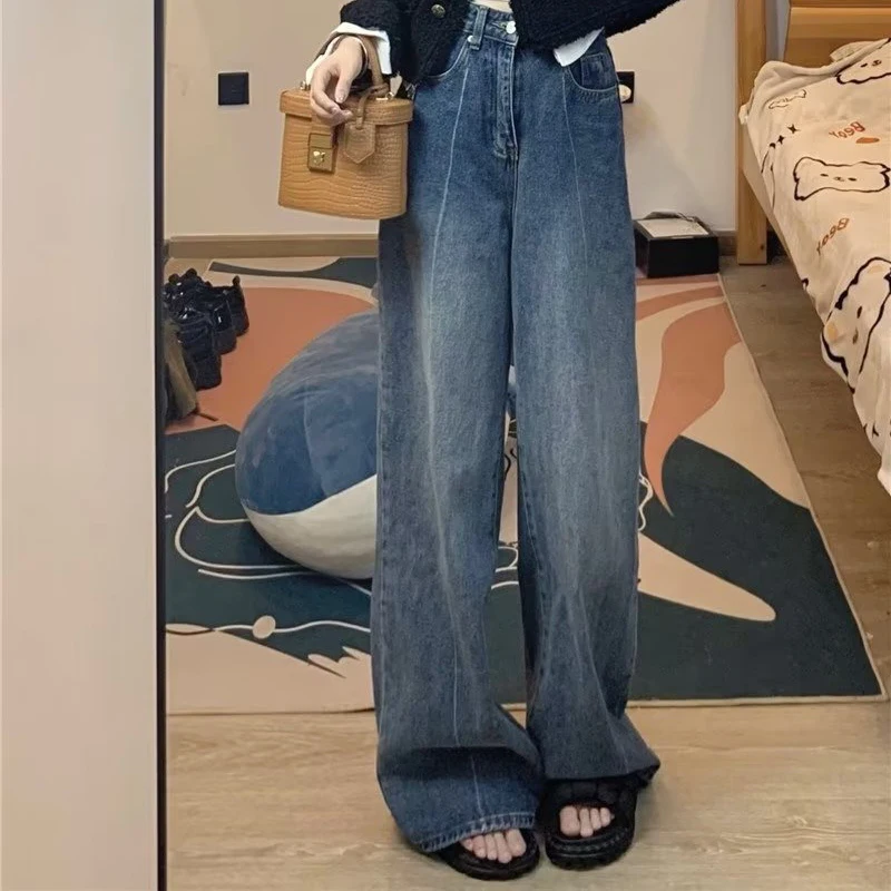 Vintage Blue Jeans for Women Straight High Waist Large Size Loose Thin Wide Leg Trousers