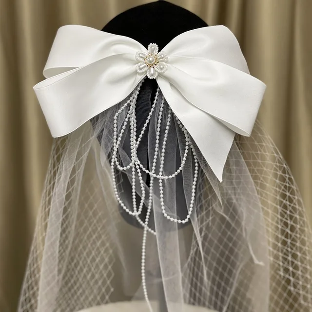 New Bow Veil Super Fairy Wedding Trip Shoot Photo White Satin Mesh Barrettes Bridal Hair Accessories 7