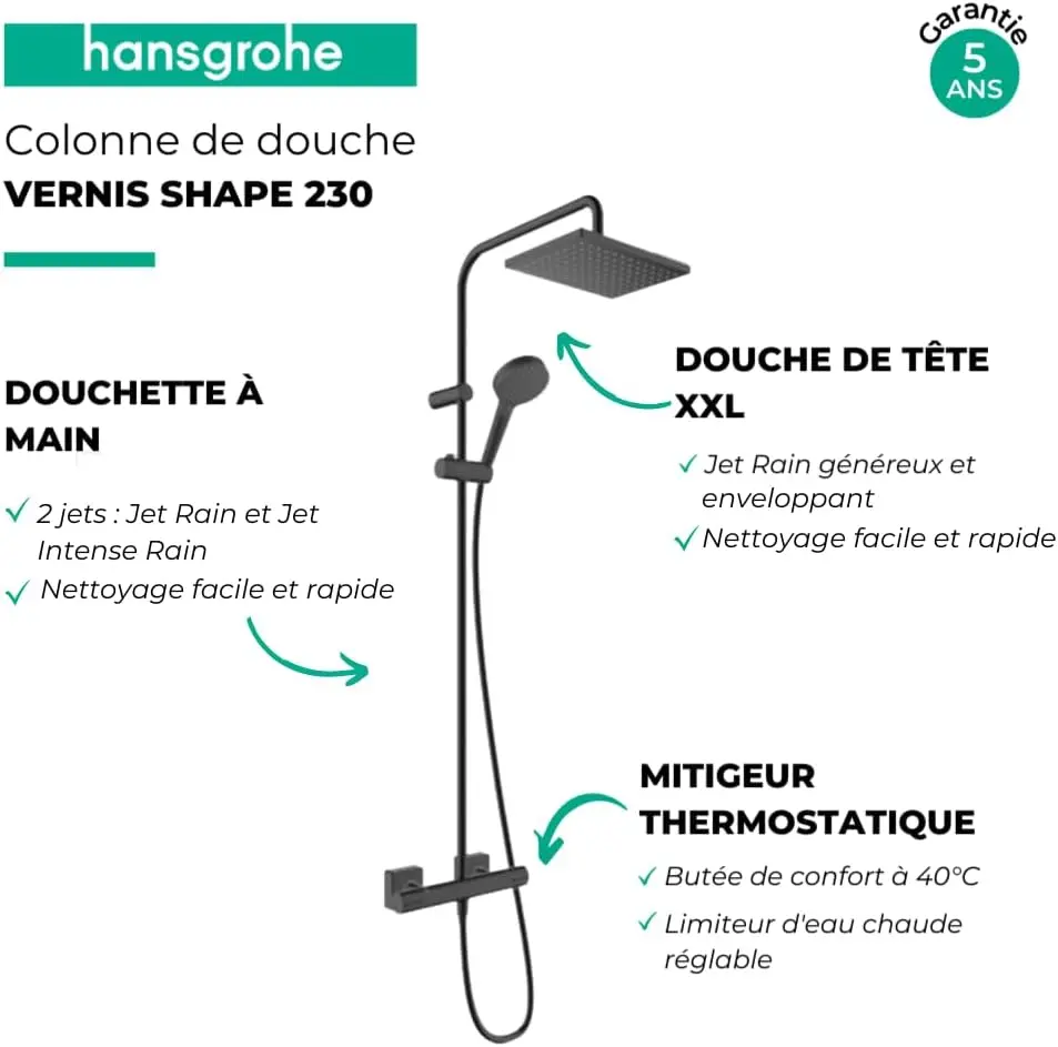 Vernis Shape Duschsystem 230 1 Strahlart mit Thermostat Mattschwarz Pipe hand shower with 2 spray modes Matt Black