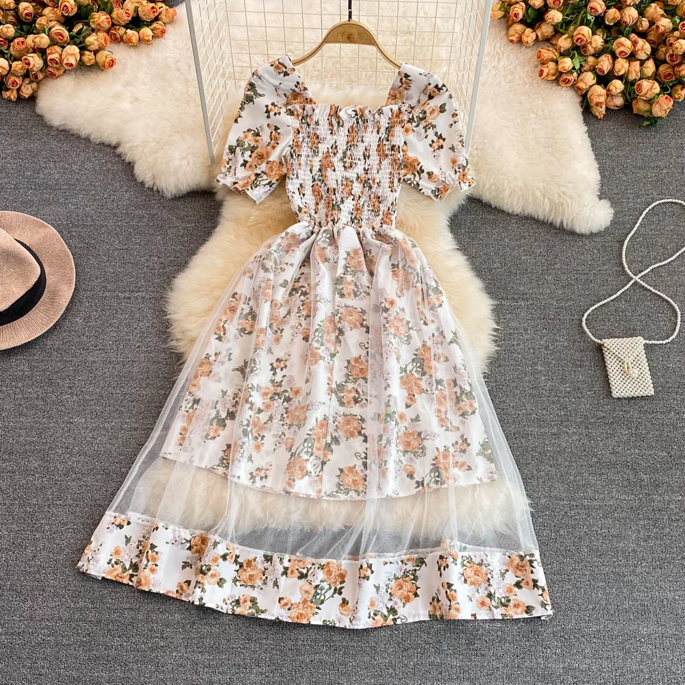 

Милое Сетчатое платье с квадратным вырезом А-образной оборкой, шифоновое платье с цветами тонкое платье большого размера