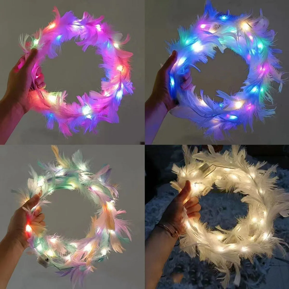 5pcs/set LED Feather Wreath Crown Headband Battery Power Angel Halo Headband Luminous Headdress for Wedding Christmas Glow Party