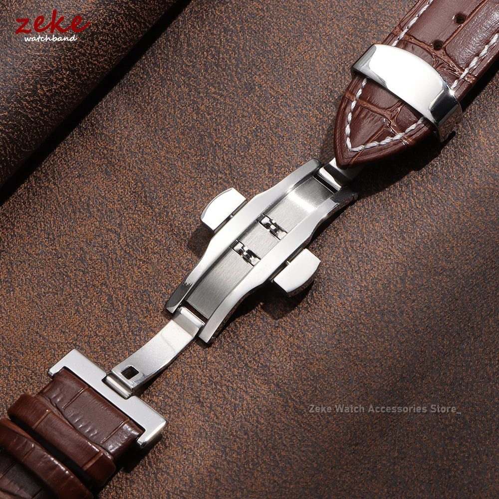 Elegant Genuine Leather Watch Band with Butterfly Clasp and Gift Box