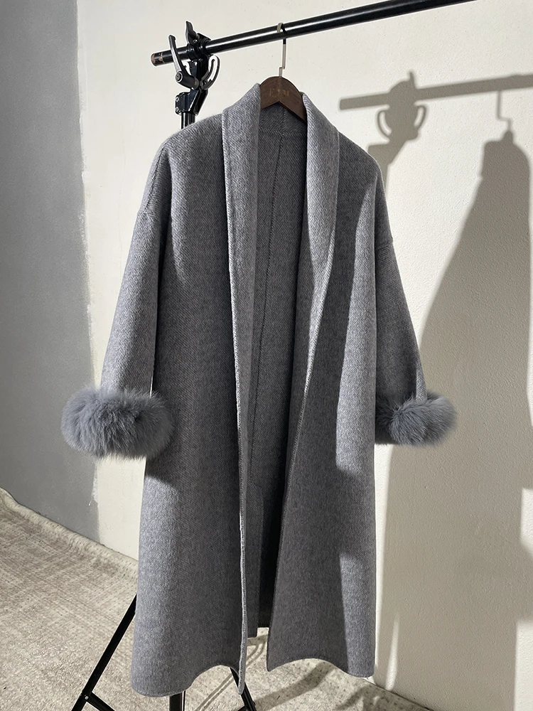 

[EWQ] 100% Wool Thick Warm Gray Long Woolen Coats Women 2023 Autumn Winter New Double-sided Jacket Big Size Overcoats 23A4493