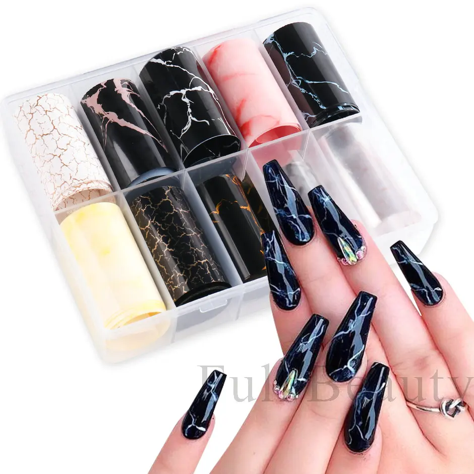 10 Roll/Box Marble Gold Foils Nail Stickers Holographic Iridescent Marble White Black Transfer Paper Decal Manicure Decor SACX04
