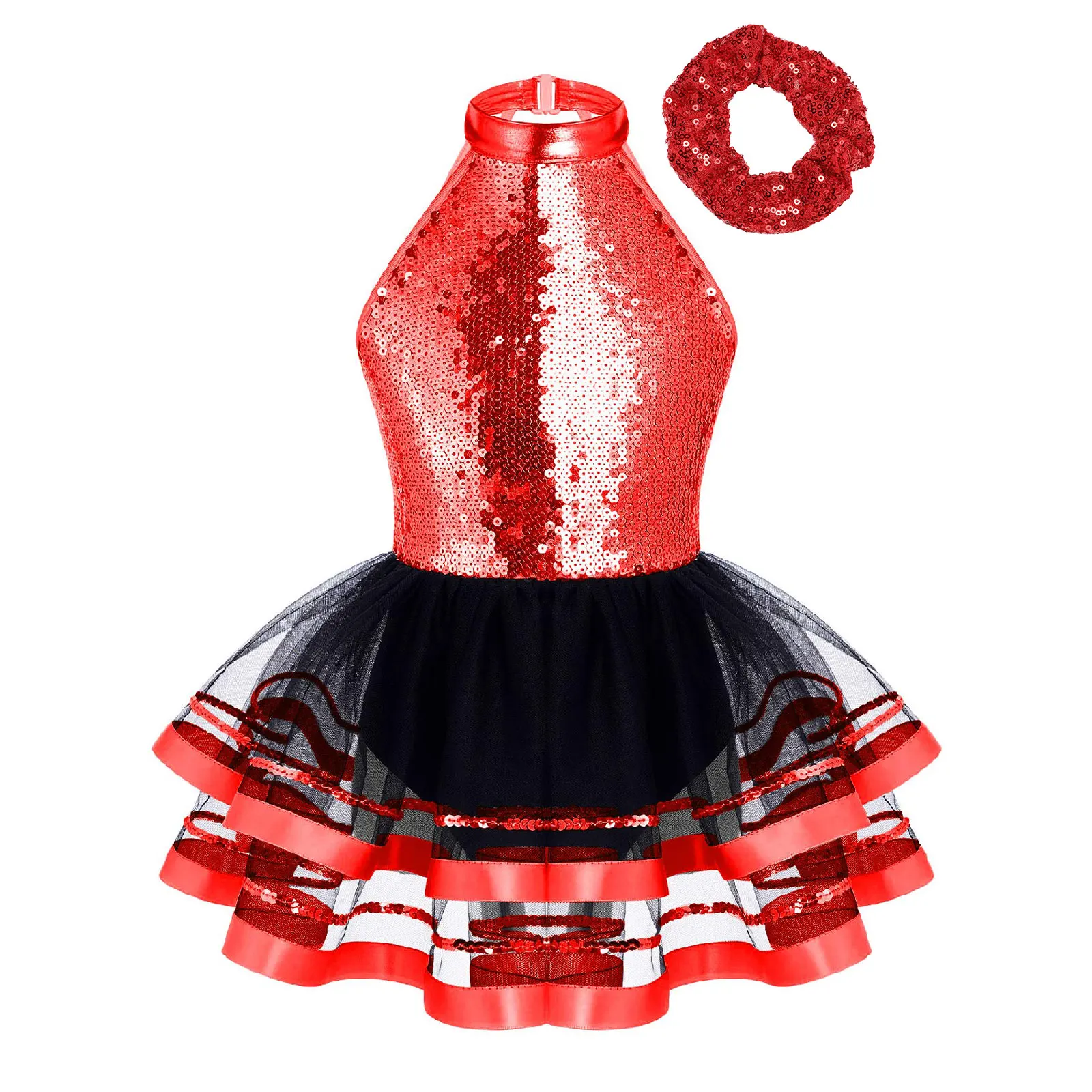 TiaoBug Kids Girls Tutu Dress Costume 6 to 16 Years Halter Sleeveless Backless Two Layer Mesh Sparkling Sequins with Headwear