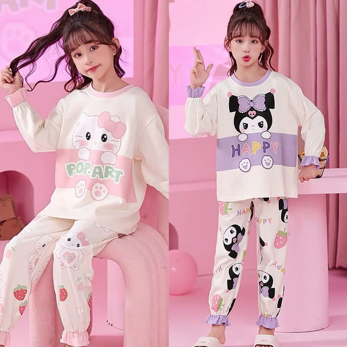 Sanrio My Melody Kids Cartoon Pajamas Anime Figuret Kuromi Girl Long Sleeve Pajamas Set Kt Cat Home Clothes Children Clothes Hot