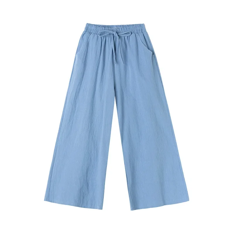 2024 new Spring Summer Women Wide Leg Cotton Pants Casual Loose Ealstic Waist Wide Leg Calf-Length Pants for Female Trousers